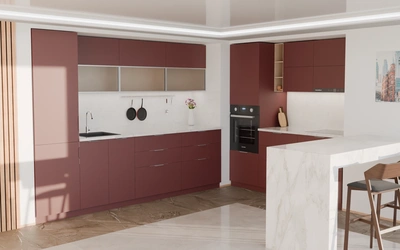 Угловая кухня Вирел 3 × 2 м, фасады AGT Rustic Red 3026, вид слева под углом