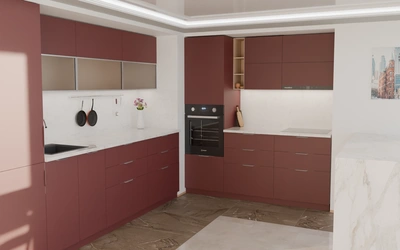 Угловая кухня Вирел 3 × 2 м, фасады AGT Rustic Red 3026, вид слева