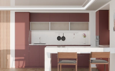 Угловая кухня Вирел 3 × 2 м, фасады AGT Rustic Red 3026, вид спереди