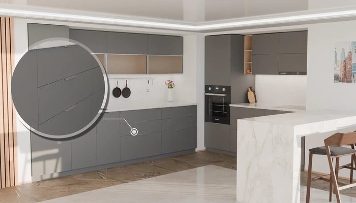 Угловая кухня Вирел 3 × 2 м с фасадами AGT Royal Grey 3022, детали фурнитуры