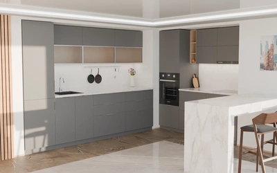 Угловая кухня Вирел 3 × 2 м, фасады AGT Royal Grey 3022, вид слева под углом