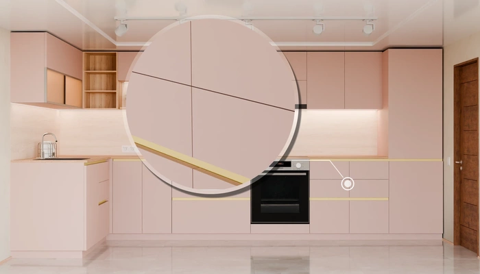 Угловая кухня Астин 4,2 × 2 м с фасадами AGT Sakura Pink 3114, детали фурнитуры