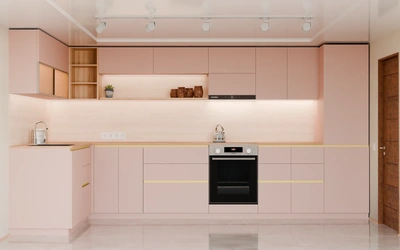 Угловая кухня Астин 4,2 × 2 м, фасады AGT Sakura Pink 3114, вид спереди