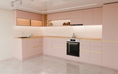 Угловая кухня Астин 4,2 × 2 м, фасады AGT Sakura Pink 3114, вид справа