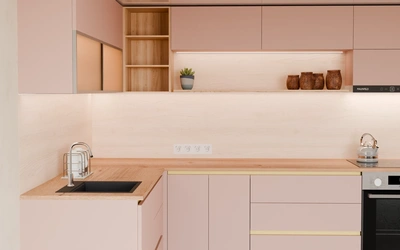 Угловая кухня Астин 4,2 × 2 м, AGT Sakura Pink 3114, вид спереди вблизи