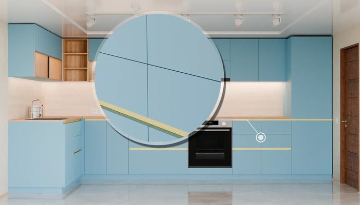 Угловая кухня Астин 4,2 × 2 м с фасадами AGT Ocean Blue 736, детали фурнитуры