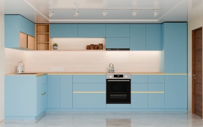 Угловая кухня Астин 4,2 × 2 м, фасады AGT Ocean Blue 736, вид спереди