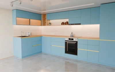 Угловая кухня Астин 4,2 × 2 м, фасады AGT Ocean Blue 736, вид справа