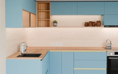 Угловая кухня Астин 4,2 × 2 м, AGT Ocean Blue 736, вид спереди вблизи