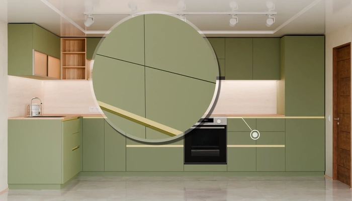 Угловая кухня Астин 4,2 × 2 м с фасадами AGT Olive Green 3097, детали фурнитуры