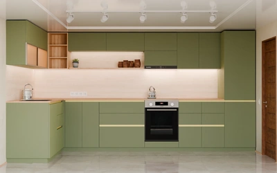 Угловая кухня Астин 4,2 × 2 м, фасады AGT Olive Green 3097, вид спереди