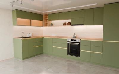 Угловая кухня Астин 4,2 × 2 м, фасады AGT Olive Green 3097, вид справа