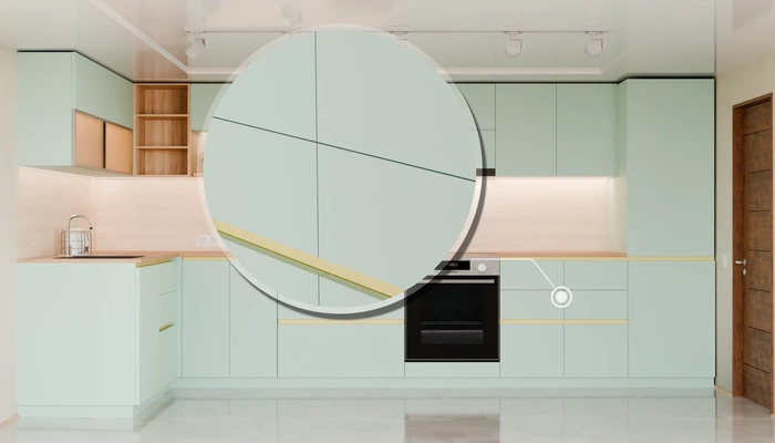 Угловая кухня Астин 4,2 × 2 м с фасадами AGT Relax green 735, детали фурнитуры