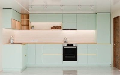 Угловая кухня Астин 4,2 × 2 м, фасады AGT Relax green 735, вид спереди