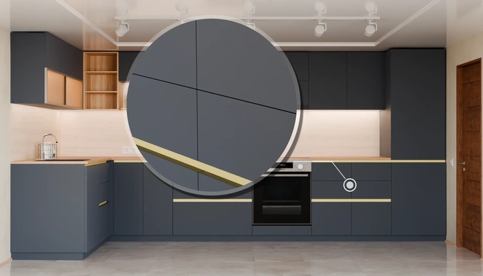 Угловая кухня Астин 4,2 × 2 м с фасадами AGT Sky Blue 3091, детали фурнитуры