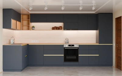 Угловая кухня Астин 4,2 × 2 м, фасады AGT Sky Blue 3091, вид спереди