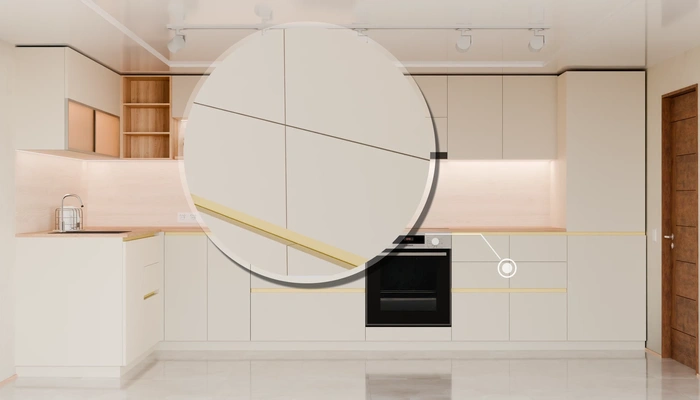 Угловая кухня Астин 4,2 × 2 м с фасадами AGT Sahara Cream 3019, детали фурнитуры