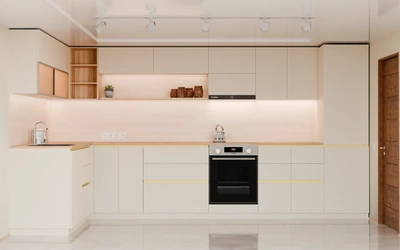 Угловая кухня Астин 4,2 × 2 м, фасады AGT Sahara Cream 3019, вид спереди