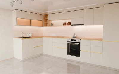 Угловая кухня Астин 4,2 × 2 м, фасады AGT Sahara Cream 3019, вид справа