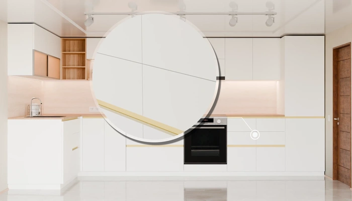 Угловая кухня Астин 4,2 × 2 м с фасадами AGT White 734, детали фурнитуры