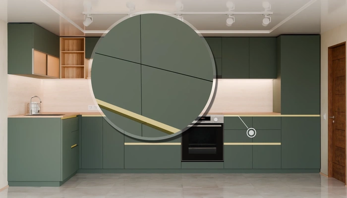 Угловая кухня Астин 4,2 × 2 м с фасадами AGT Forest Green 3027, детали фурнитуры