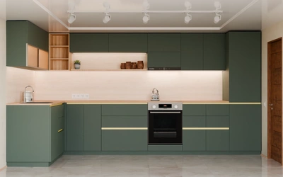 Угловая кухня Астин 4,2 × 2 м, фасады AGT Forest Green 3027, вид спереди