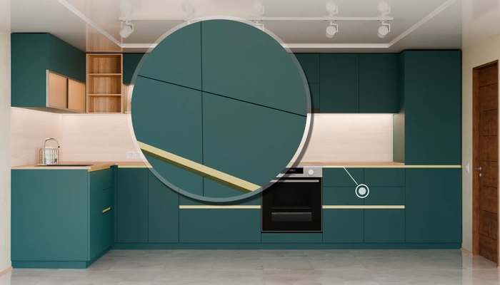 Угловая кухня Астин 4,2 × 2 м с фасадами AGT Glamorous Pacific 3029, детали фурнитуры