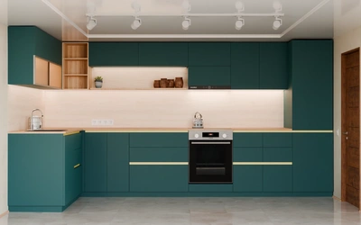 Угловая кухня Астин 4,2 × 2 м, фасады AGT Glamorous Pacific 3029, вид спереди