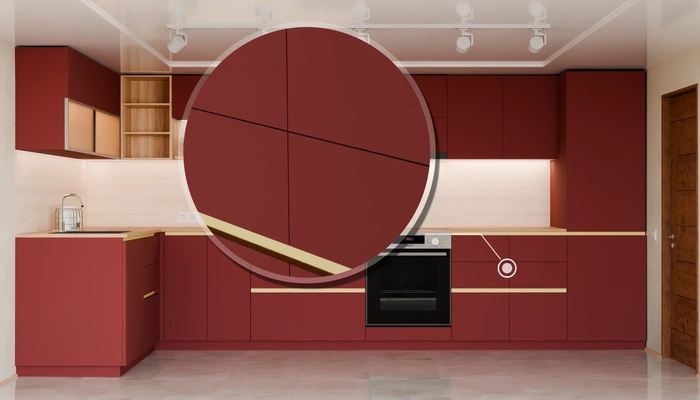 Угловая кухня Астин 4,2 × 2 м с фасадами AGT Rustic Red 3026, детали фурнитуры