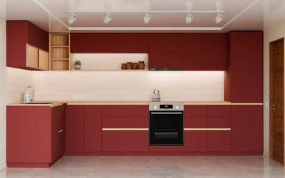 Угловая кухня Астин 4,2 × 2 м, фасады AGT Rustic Red 3026, вид спереди