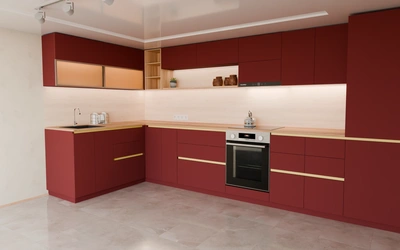 Угловая кухня Астин 4,2 × 2 м, фасады AGT Rustic Red 3026, вид справа