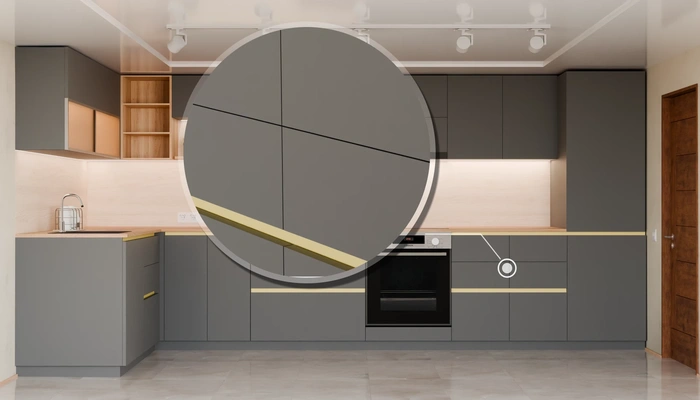 Угловая кухня Астин 4,2 × 2 м с фасадами AGT Royal Grey 3022, детали фурнитуры