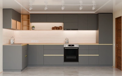 Угловая кухня Астин 4,2 × 2 м, фасады AGT Royal Grey 3022, вид спереди