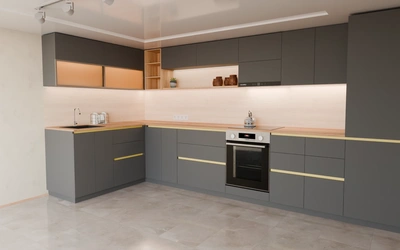 Угловая кухня Астин 4,2 × 2 м, фасады AGT Royal Grey 3022, вид справа