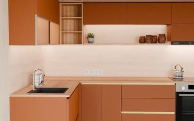 Угловая кухня Астин 4,2 × 2 м, AGT Tobac 3092, вид спереди вблизи