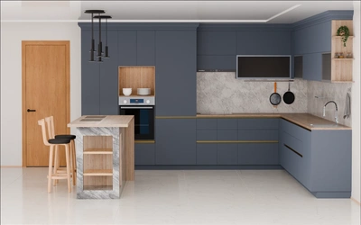 Кухня «Велия» 4,6 × 4 м в цвете тёмно-голубой / Sky Blue 3091 ракурс 2