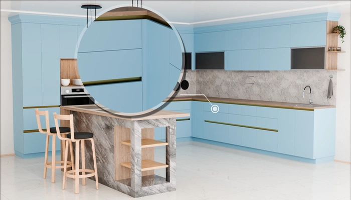 Кухня «Велия» 4,6 × 4 м в цвете океанский синий / AGT Ocean Blue 736: фурнитура