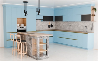 Кухня «Велия» 4,6 × 4 м в цвете океанский синий / AGT Ocean Blue 736 ракурс 1