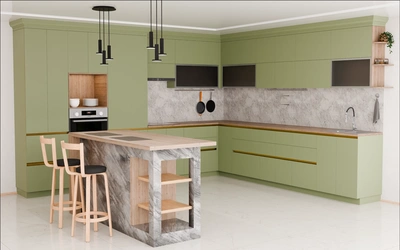 Кухня «Велия» 4,6 × 4 м в цвете оливковый зелёный / Olive Green 3097 ракурс 1