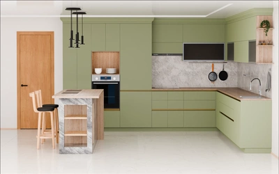 Кухня «Велия» 4,6 × 4 м в цвете оливковый зелёный / Olive Green 3097 ракурс 2