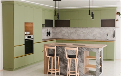 Кухня «Велия» 4,6 × 4 м в цвете оливковый зелёный / Olive Green 3097 ракурс 3