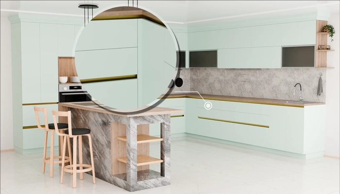 Кухня «Велия» 4,6 × 4 м в цвете спокойный зелёный / Relax green 735: фурнитура