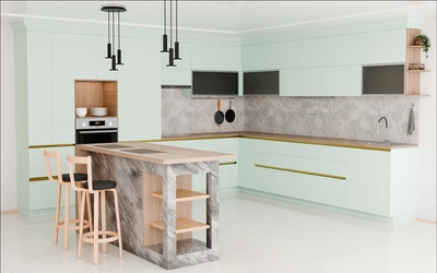 Кухня «Велия» 4,6 × 4 м в цвете спокойный зелёный / Relax green 735 ракурс 1