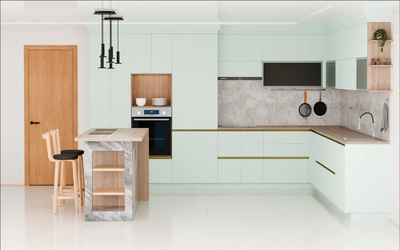 Кухня «Велия» 4,6 × 4 м в цвете спокойный зелёный / Relax green 735 ракурс 2