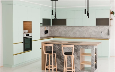 Кухня «Велия» 4,6 × 4 м в цвете спокойный зелёный / Relax green 735 ракурс 3