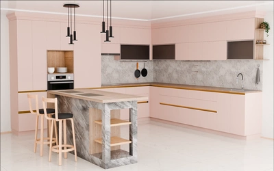 Кухня «Велия» 4,6 × 4 м в цвете розовая сакура / Sakura Pink 3114 ракурс 1