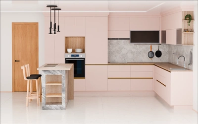 Кухня «Велия» 4,6 × 4 м в цвете розовая сакура / Sakura Pink 3114 ракурс 2