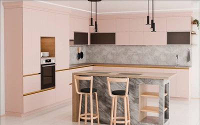 Кухня «Велия» 4,6 × 4 м в цвете розовая сакура / Sakura Pink 3114 ракурс 3