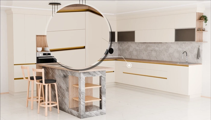 Кухня «Велия» 4,6 × 4 м в цвете светлая дюна / Sahara Cream 3019: фурнитура