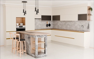 Кухня «Велия» 4,6 × 4 м в цвете светлая дюна / Sahara Cream 3019 ракурс 1